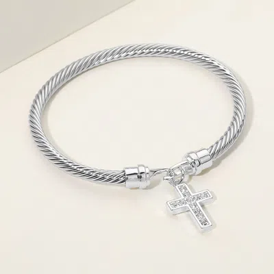 Fashnzfab Cz Pave Cross Charm Cable Bangle Bracelet In White
