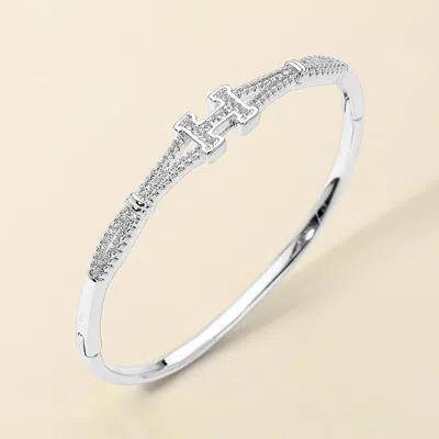 Fashnzfab Cz Pave H Letter Accent Hinged Bangle Bracelet In Silver