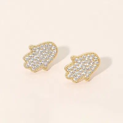 Fashnzfab Cz Pave Hamsa Hand Stud Earrings In Gold