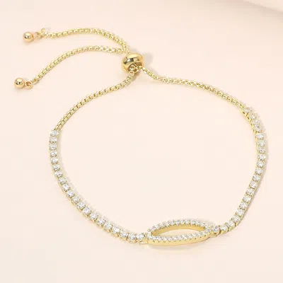 Fashnzfab Cz Pave Open Oval Charm Adjustable Cinch Pull Tie Bracelet In Gold