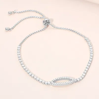 Fashnzfab Cz Pave Open Oval Charm Adjustable Cinch Pull Tie Bracelet In Metallic