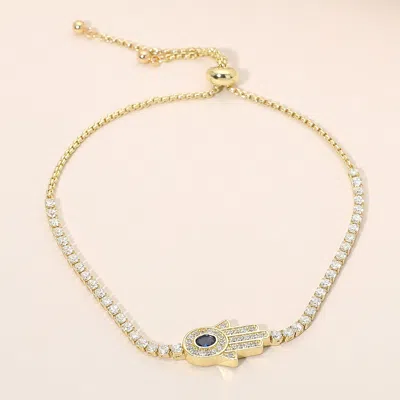 Fashnzfab Cz Pave Oval Center Hamsa Hand Charm Adjustable Cinch Pull Tie Bracelet In Gold