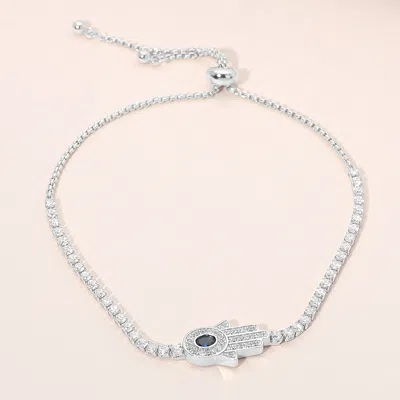 Fashnzfab Stainless Steel Cz Stone Paved Evil Eye Hamsa Hand Pendant Paperclip Chain Necklace In Silver