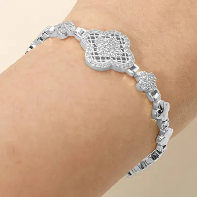 Fashnzfab Cz Pave Quatrefoil Charm Accent Link Bracelet In Metallic