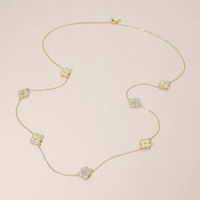 Fashnzfab Cz Pave Quatrefoil Station Long Necklace In Gold