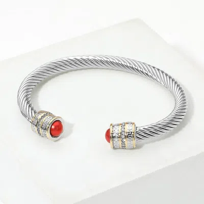 Fashnzfab Cz Pave Stone Accent Tip Twisted Cable Cuff Bracelet In Silver