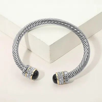 Fashnzfab Cz Pave Stone Tip Twisted Cable Cuff Bracelet In Gray