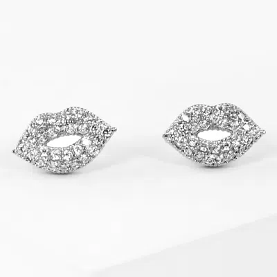Fashnzfab Cz Paved Lip Stud Earrings Clear, Rhodium In Metallic