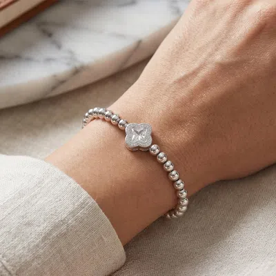 Fashnzfab Cz Quatrefoil Pointed Stainless Steel Ball Beaded Stretch Bracelet In Metallic