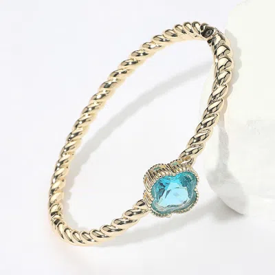 Fashnzfab Cz Quatrefoil Stone Accented Twisted Hinged Bangle Bracelet In Gold
