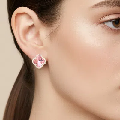 Fashnzfab Cz Quatrefoil Stud Earrings In Pink