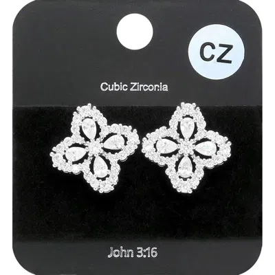 Fashnzfab Cz Quatrefoil Stud Evening Earrings - Rhodium In Silver