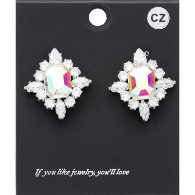 Fashnzfab Cz Rectangle Stone Cluster Pointed Evening Stud Earrings - Ab, Silver In Pink