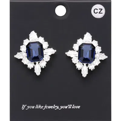 Fashnzfab Cz Rectangle Stone Cluster Pointed Evening Stud Earrings In Blue
