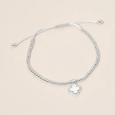 Fashnzfab Cz Rim Mother Of Pearl Quatrefoil Charm Beaded Adjustable Cinch Pull Tie Bracelet In Silver