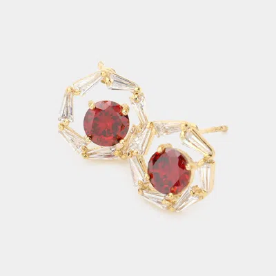 Fashnzfab Cz Round Accented Stud Earrings In Red