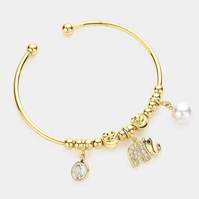 Fashnzfab Cz Round Stone Elephant Pearl Charm Cuff Bracelet Gold In Silver
