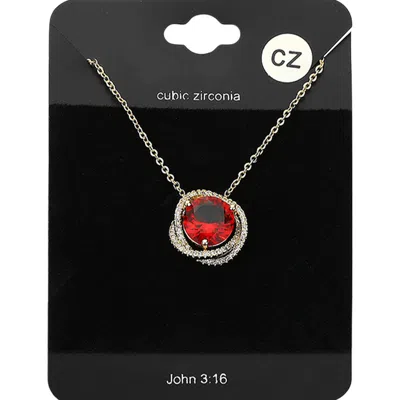 Fashnzfab Cz Round Swirl Rim Pendant Necklace In Red
