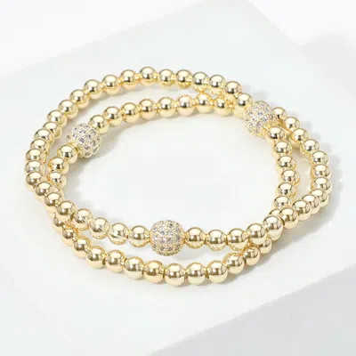 Fashnzfab Cz Shamballa Ball Metal Ball Beaded Stretch Bracelet In Gold