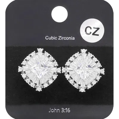Fashnzfab Cz Square Stone Accented Stud Evening Earrings In Metallic