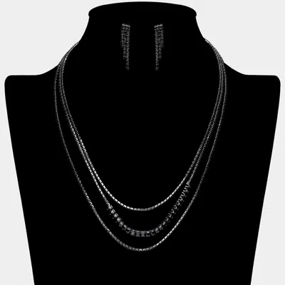 Fashnzfab Cz Square Stone Detailed Triple Layered Necklace In Black