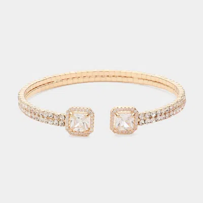 Fashnzfab Cz Square Stone Pointed Tip Rhinestone Paved Cuff Bracelet Gold