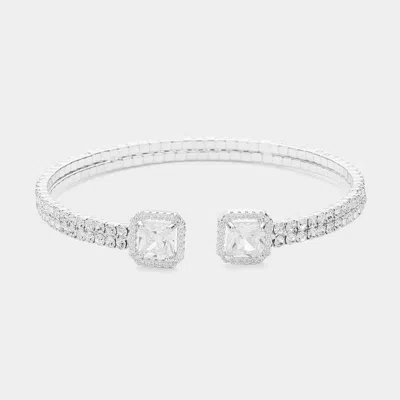 Fashnzfab Cz Square Stone Pointed Tip Rhinestone Paved Cuff Bracelet Silver