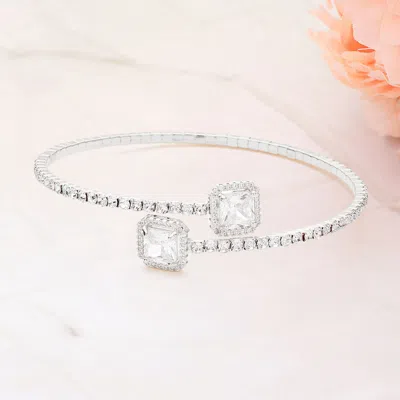 Fashnzfab Cz Square Stone Tip Rhinestone Paved Evening Bracelet Clear, Silver