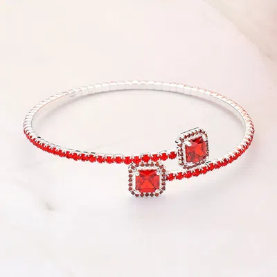 Fashnzfab Cz Square Stone Tip Rhinestone Paved Evening Bracelet Siam, Silver In Red