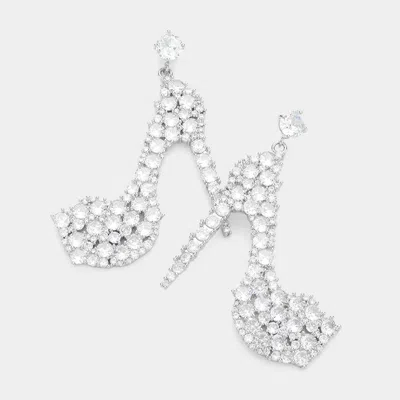 Fashnzfab Cz Stiletto Heel Dangle Evening Earrings In Silver