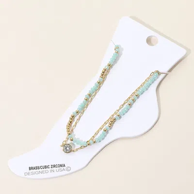 Fashnzfab Cz Stone Bezel Accent Paperclip Chain Faceted Beaded Layered Anklet In Gold