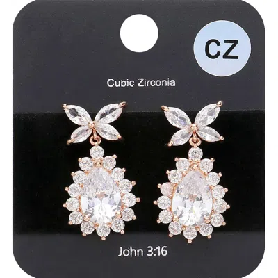Fashnzfab Cz Stone Butterfly Teardrop Dangle Evening Earrings - Clear, Rose Gold In Silver