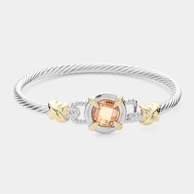 Fashnzfab Cz Stone Cluster Accented Rope Metal Bangle Bracelet Peach In Pink