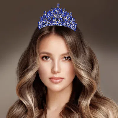 Fashnzfab Cz Stone Cluster Embellished Flower Vine Pageant Princess Tiara In Blue