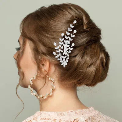 Fashnzfab Cz Stone Cluster Flower Leaf Bunch Hair Comb In Metallic