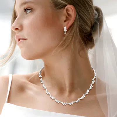 Fashnzfab Cz Stone Cluster Link Evening Necklace - Clear, Silver In Multi