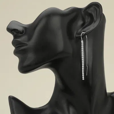Fashnzfab Cz Stone Cluster Link Threader Drop Earrings - Rhodium In Silver