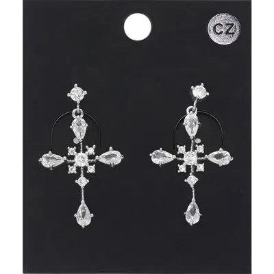 Fashnzfab Cz Stone Cross Pendant Dangle Earrings - Rhodium In Metallic