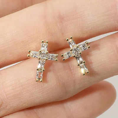 Fashnzfab Cz Stone Cross Stud Earrings - Gold In White