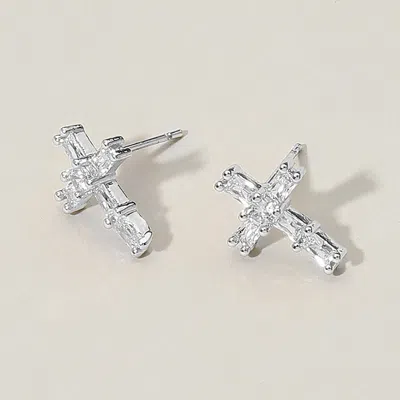 Fashnzfab Cz Stone Cross Stud Earrings - Rhodium In Metallic