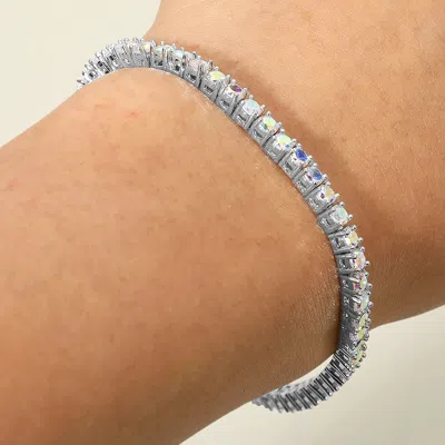 Fashnzfab Cz Stone Cushion Tennis Bracelet Ab, Rhodium In Silver