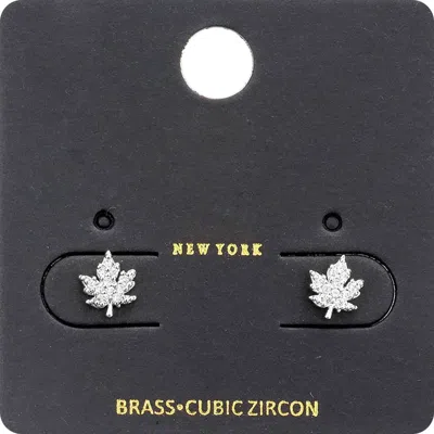 FASHNZFAB CZ STONE EMBELLISHED BRASS METAL MAPLE LEAF STUD EARRINGS