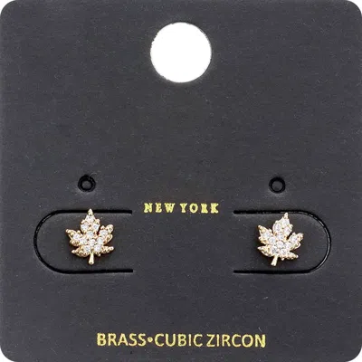 Fashnzfab Cz Stone Embellished Brass Metal Maple Leaf Stud Earrings In Silver