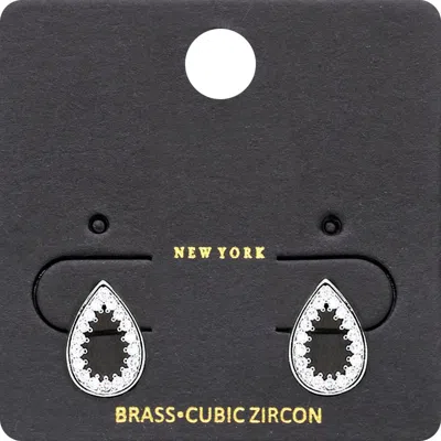 Fashnzfab Cz Stone Embellished Brass Metal Open Teardrop Stud Earrings In Grey