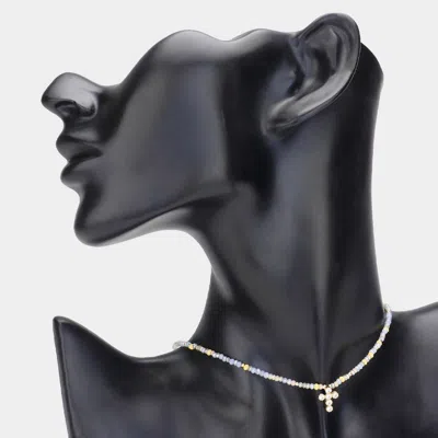 Fashnzfab Cz Stone Embellished Cross Pendant Faceted Beaded Choker Necklace In Metallic