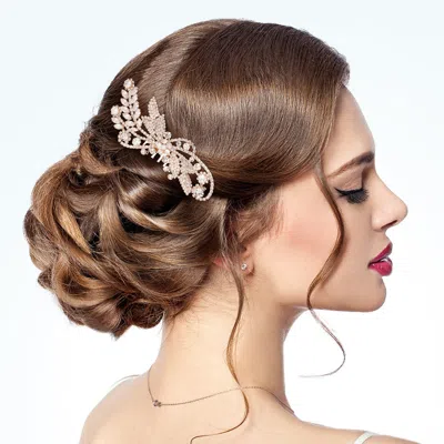 Fashnzfab Cz Stone Embellished Flower Leaf Accented Hair Comb In Gold