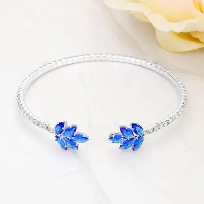 Fashnzfab Cz Stone Embellished Marquise Stone Cluster Leaf Tip Cuff Bracelet Clear, Sapphire, Silver In Metallic