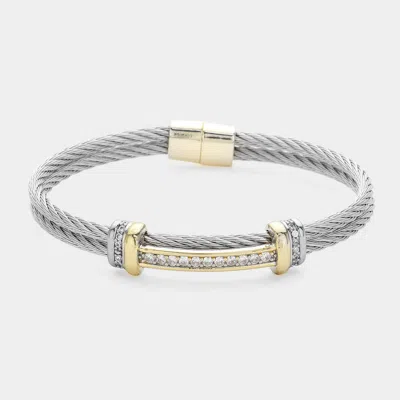 Fashnzfab Cz Stone Paved Bar Pointed Double Layered Textured Metal Magnetic Bangle Bracelet In Metallic