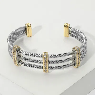 Fashnzfab Cz Stone Paved Bar Pointed Two Tone Metal Split Cuff Bracelet Two Tone In Multi