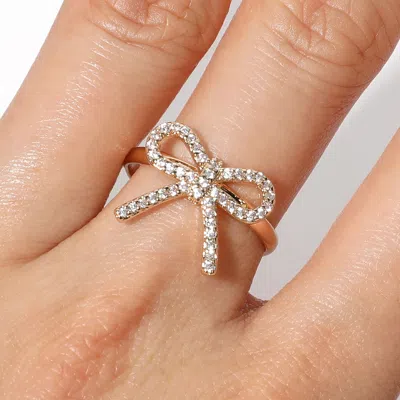 Fashnzfab Cz Stone Paved Bow Adjustable Ring In Gold